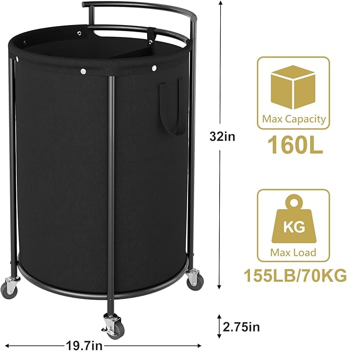 Chrislley 160L Double Laundry Hamper with Wheels, Rolling Laundry Basket with Removable Bag,Round Iron Laundry Cart with Steel Frame and Handle, Dirty Clothes Hamper Organizer for Dorm,Hoom(Black)