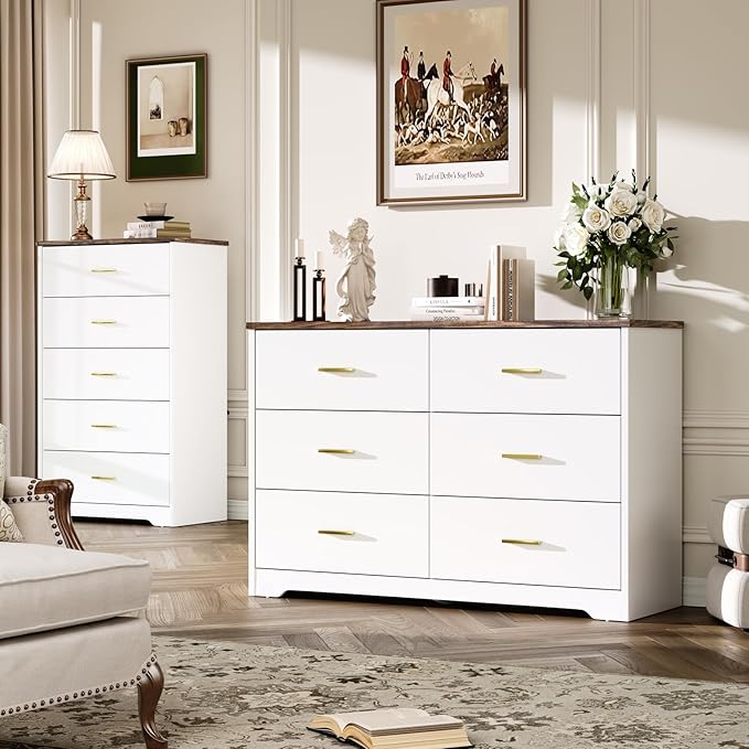 LIDYUK Dresser for Bedroom, Wood Dresser with 6 Drawers, Modern Minimalist Style Dressers & Chests of Drawers, 48 Inches Wide Chest of Drawers for Bedroom, Hallway, Living Room, White
