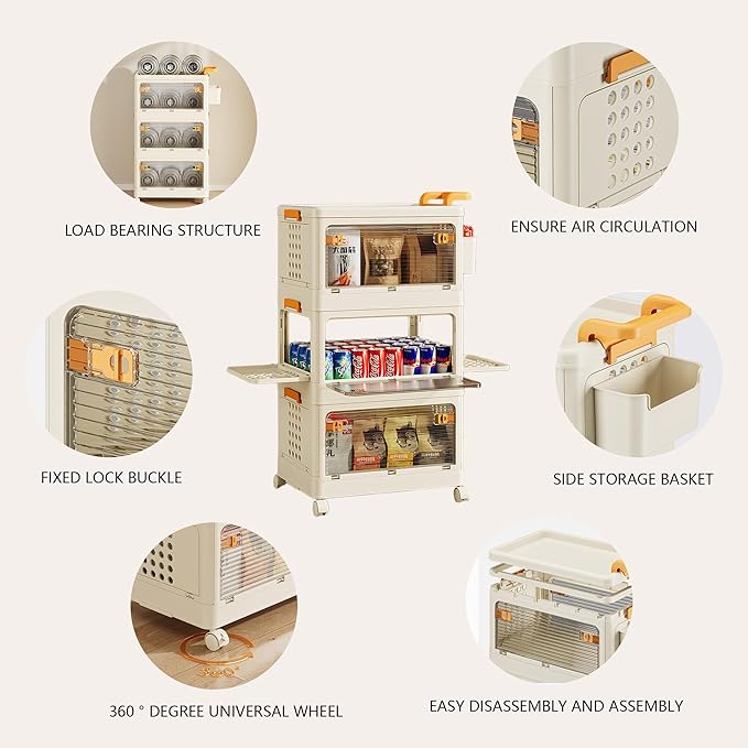 58 QT Stackable Storage Bins with Lids, Rolling Storage Cart with Clear Doors, 5 Tier Storage Utility Cart Drawer, Foldable Storage Cabinet Containers for Home, Office, Kitchen, Bedroom, White