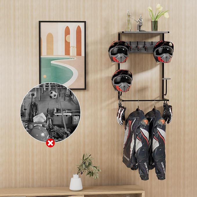 Motorcycle Helmet Holder Wall Mounted, Helmet Holder Wall Mount with Helmet Rack, 4 Glove Chips and 4 hooks, Rustic Helmet Holder and Motorcycle Helmet Rack for Most of Helmet and Clothes (Grey)