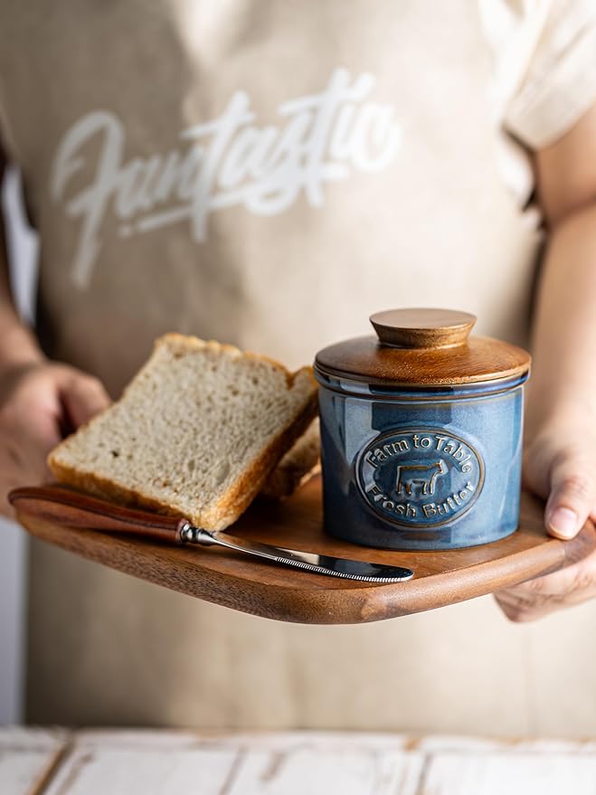 Ceramic Butter Dish with Lid, Butter Crock for Countertop, French Butter Keeper, Farmhouse Cow Pattern, Blue