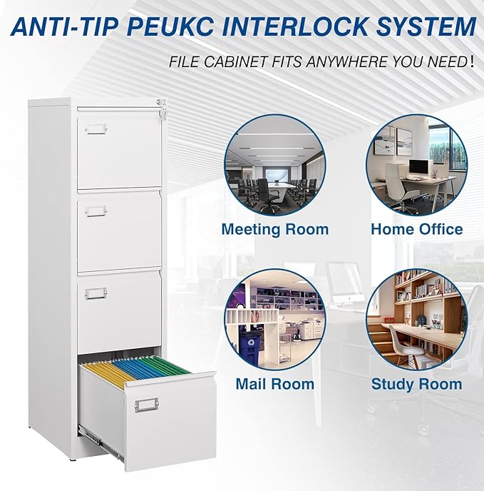 4-Drawer File Cabinet, 16.3" Deep Vertical Filing Cabinet with Lock, Metal File Cabinet for Home Office, Anti-Tip 4 Storage Drawers for Letter/Legal/A4/F4 Size (Assemble Required, White)
