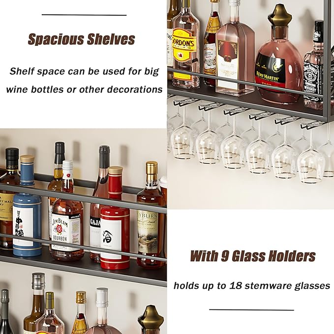 Wall Mounted Wine Rack with Glass Holder，Stylish Mini Floating Bar Shelves for Liquor Bottle Display in Dining Room, Kitchen, Living Room (47.2”W x 26”H x 7.8”D)