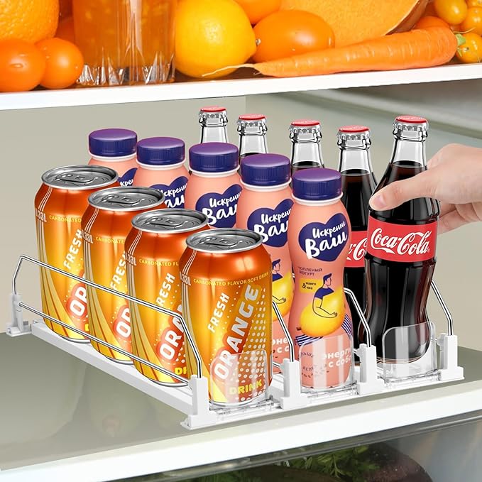 asika Drink Organizer for Fridge, Adjustable Width Soda Can Dispenser for Refrigerator Organizers and Storage, 3 Rows Beer Bottle Beverage Holder with Pusher Glide (14.96" D, White)