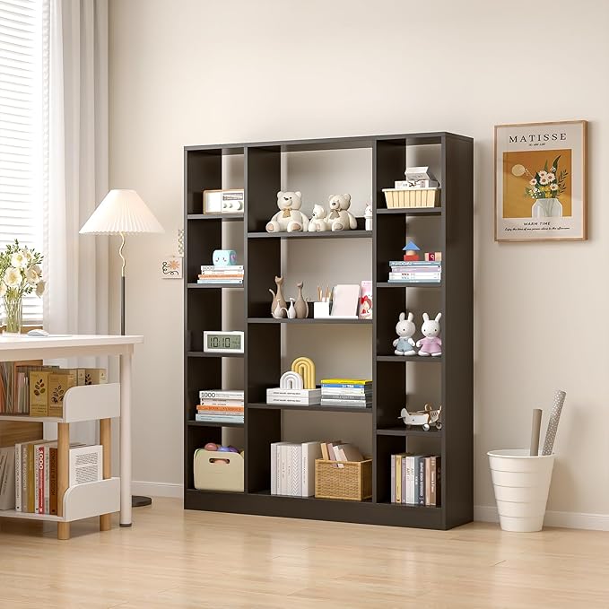 Cube Storage Bookcase with Base - Large Wooden Bookshelf with 10 Open Cubes and 4 Shelves for Home and Office, Freestanding Organizer, Black