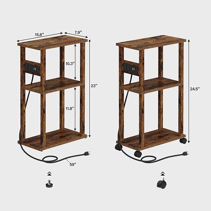 TUTOTAK Small Narrow Side Table with Charging Station, Skinny End Table for Small Spaces, Slim Nightstand with USB Ports and Outlet, Sofa Beside Table with Wheels, Rustic Brown TB01BB047C
