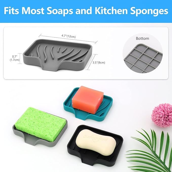 3-Pack Silicone Soap Dish Set – Bar Soap Holder with Self-Draining Design, Easy-Clean Tray for Shower, Bathroom, Kitchen, and Tub