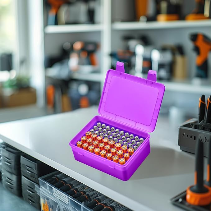 Battery Organizer Storage Box, Garage Case Holder for 24* AA, 30* AAA Batteries (Bag Not Include Batteries Pack) (purple)