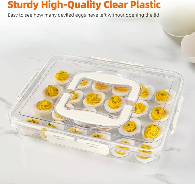 Deviled Egg Containers with Lid and Handle, Durable Clear Plastic Deviled Egg Carrier Storage 24 Eggs, Stackable Egg Holder for Fridge, Portable Tray Platter for Party & Picnics-1 Pack White
