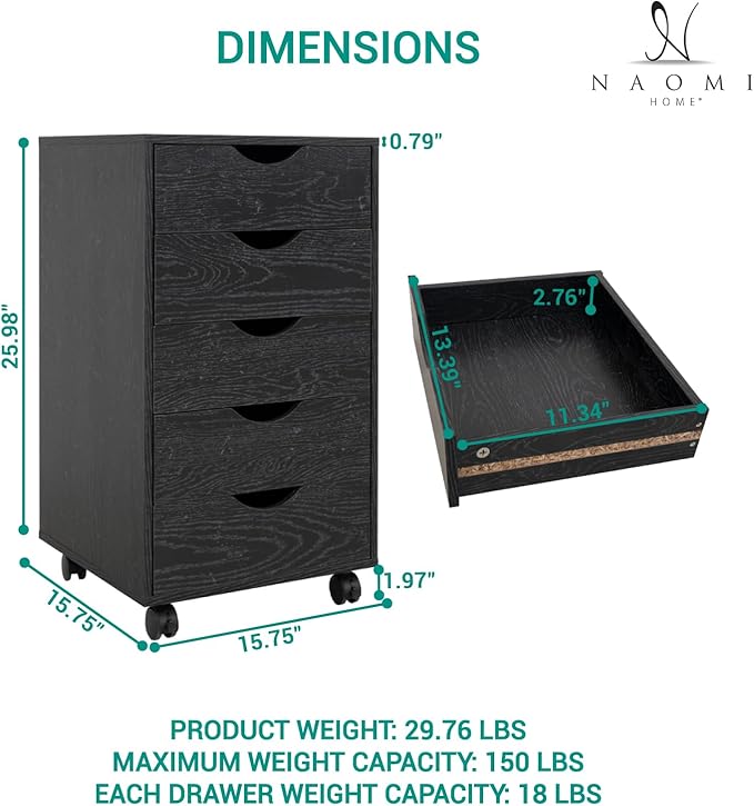Naomi Home 5-Drawer Mobile Storage Cart Under Desk - Rolling Organizer with Lockable Wheels, Distressed Black Engineered Wood for Dorm Office Apartment, 15.7 x 15.7 x 26 Inches