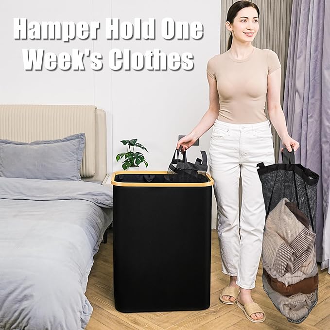 Hampers for Laundry Basket with Lid, 145L Extra Large 3 Section Clothes Divided Organizer for Bedroom, Laundry Room, Dirty Clothing Hamper, Black