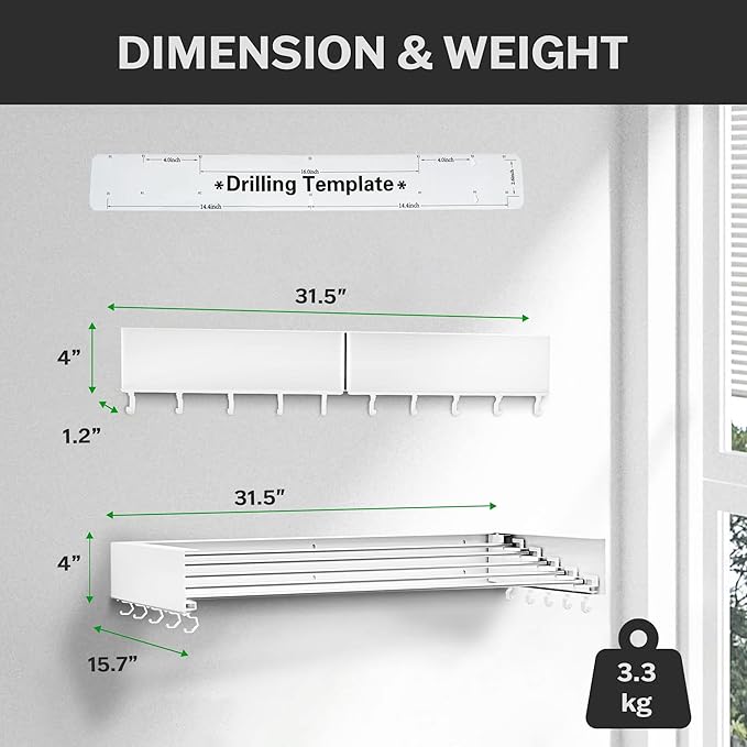 Wall Mounted Laundry Drying Rack, Retractable & Foldable, 31.5" Wide, 13.2 Linear Ft, 5 Heavy-Duty Aluminum Rods, 60 lb Capacity, Space-Saving Design, Easy Installation, Indoor/Outdoor (White)