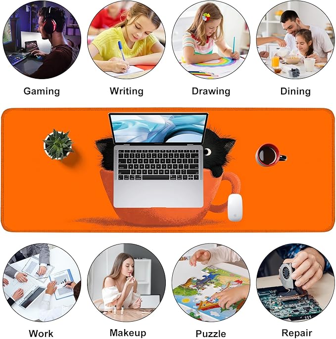 Large Cute Black Cat Mouse Pad, Extended Desk Mat with Non-Slip Base – 31.5 x 11.8 in – Cartoon Kittens in Orange Cup Design, Stitched Edges, Waterproof Gaming Keyboard Pad for Office & Home