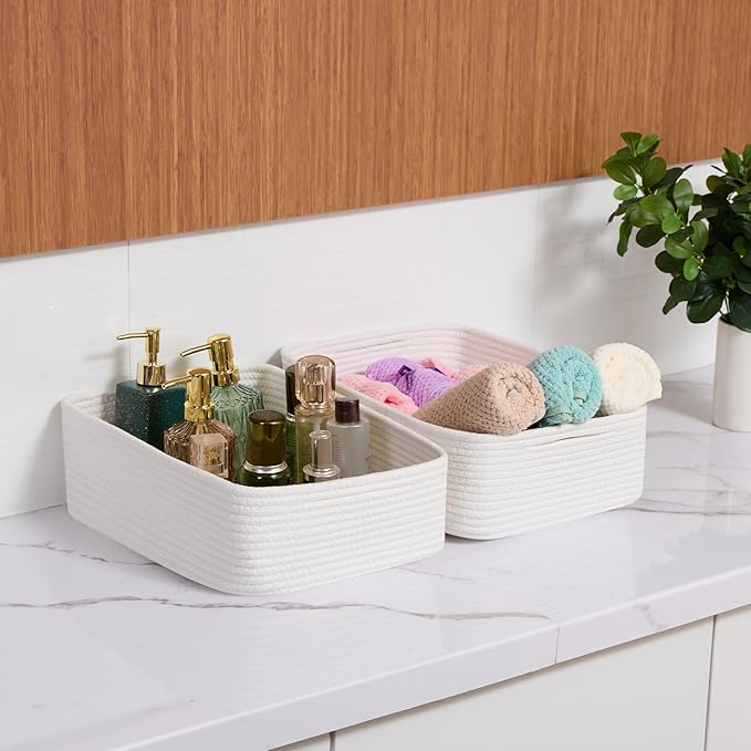 Large Shallow Organizing Baskets 15x11x5.1 Inches - Rope Woven Storage Bins for Bathroom, Shelves, Cube Closet, Off White 4 Packs