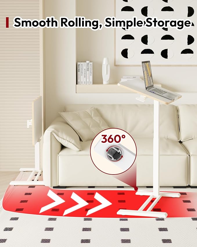 SANODESK Medical Adjustable Overbed Bedside Table with Casters 90° Tilt Top Pneumatic Mobile Rolling Laptop Computer Standing Desk Cart with Tray, Hospital and Home Use(27.6" W x 15.7" D, White)