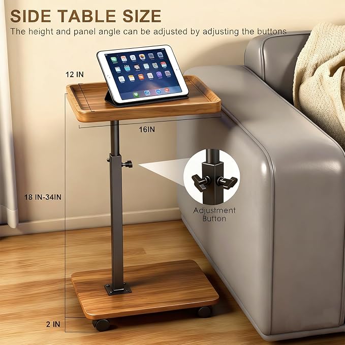 Adjustable Height Couch Tables That Slide Under Sofa, 360° Swivel Modern Tv Tray Table with Wheel, C Shaped End Table for Couch, C Table for Small Place, Perfect for Livingroom, Bedroom