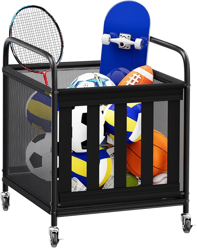 Ball Storage Cart, Sports Equipment Organizer with Wheels, Storing Volleyball, Basketball, Soccer, Baseball and Toy, Lockable Rolling Sports Ball Storage for Garage, Playgroup and Gym