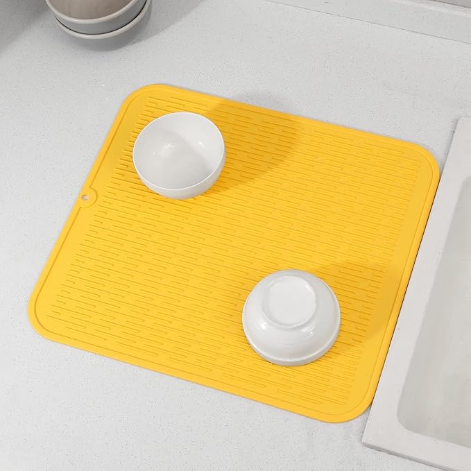 Silicone Dish Drying Mat for Multiple Usage,Easy clean,Eco-friendly,Heat-resistant Silicone Mat for Kitchen Counter or Sink,Refrigerator or Drawer Liner Yellow XL 18 inches x 16 inches