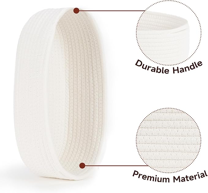 Temary Bathroom Organizer Bin, Toilet Paper Rope Baskets with Handles, Set of 2 Small Foldable Storage Bin for Toilet Tank Top Boho, Narrow Rectangle Baskets for Organizing (White, 13x5.9x3.9)