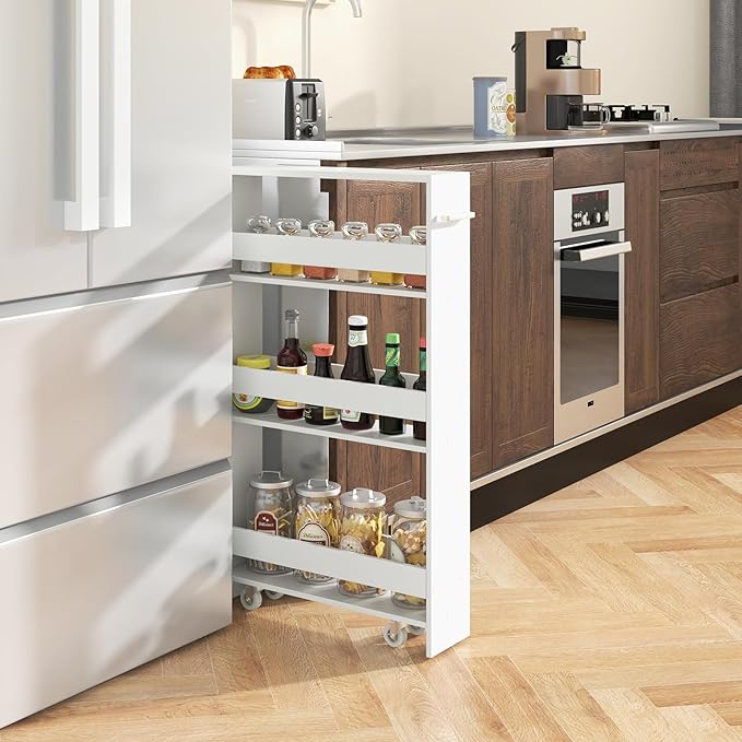 Slim Storage Cart, 4 Tier Narrow Storage Cabinet Between Washer and Dryer, 4 Universal Wheels w/Convenient Handle, Modern Skinny Bathroom Cart for Kitchen, Bathroom, Laundry Room (White)