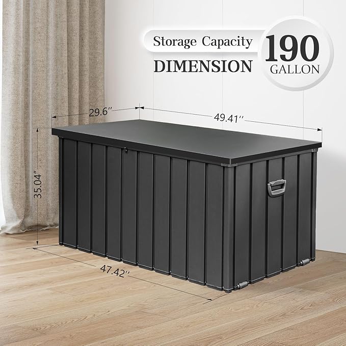 Domi 190 Gallon Deck Box, Metal Outdoor Storage Box with Lock Wheels Side Handles, Waterproof Outside Storage Box for Patio Cushions, Shoes & Pool Tools