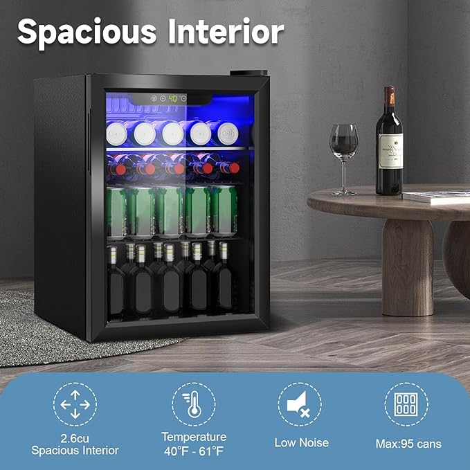 Stopasd Beverage Refrigerator Cooler, 2.6 Cu.Ft/95 Can Drink Fridge with Adjustable Shelves & Glass Door for Soda Wine Beer, Quiet Undercounter Small Fridge for Home/Office/Bar/Garage(40-61 ℉), Black
