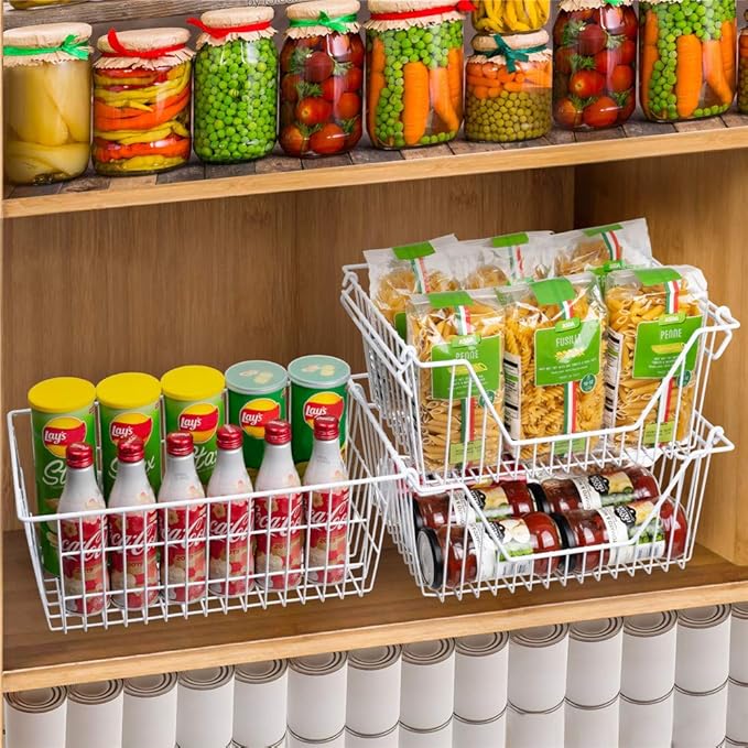 SANNO Freezer Baskets Wire Storage Baskets Closet Storage Baskets Bins Refrigerator Storage Containers for Home Office, Bathroom, Pantry Organization Storage Bins -Set of 3, White, 15.7"