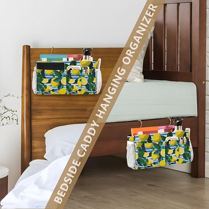 White and Blue Striped Lemons Bedside Caddy for Dorm Bed Bedside Hanging Caddy Bag Iron Frame Storage Organizer Pocket for Bunk Home College Hospital Beds 2 Hooks
