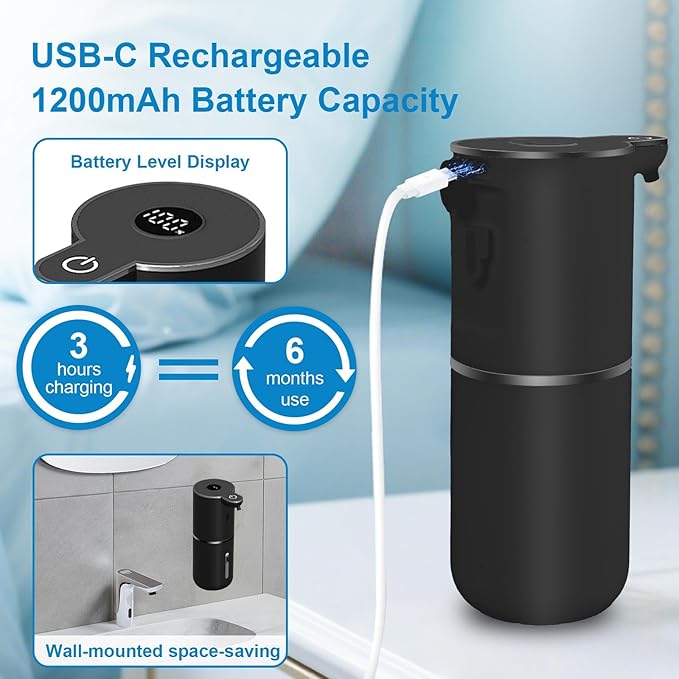 Automatic Liquid Soap Dispenser Touchless, USB Rechargeable Smart Hand Soap Dispenser, 6-Level Adjustable, 12.8oz/380mL, Compatible with Thick Thin Dish Soap for Bathroom Kitchen, Black