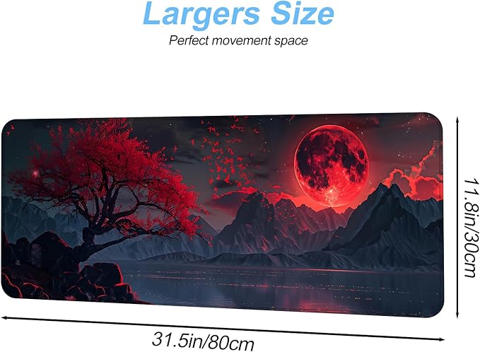 Red Moon Mouse Pad XXL – Large Gaming Desk Mat with Dark Mountain Landscape & Sakura Tree, Extended Mousepad with Non-Slip Base for Office, Gamer Setup,31.5 x 11.8 in