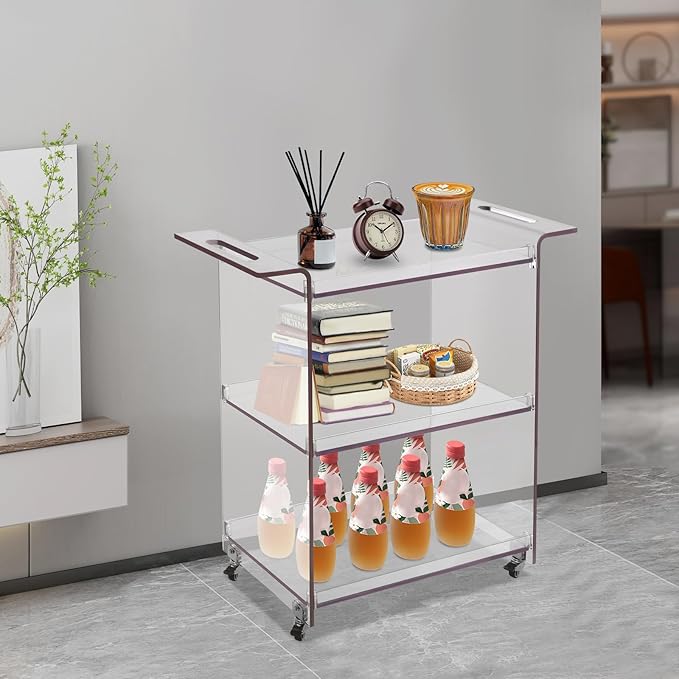 3-Tier Rolling Utility Cart with Wheels, 28×11.8×28.7In PC Rolling Serving Cart, Freestanding Trolley for Homes, Bars, Cafes