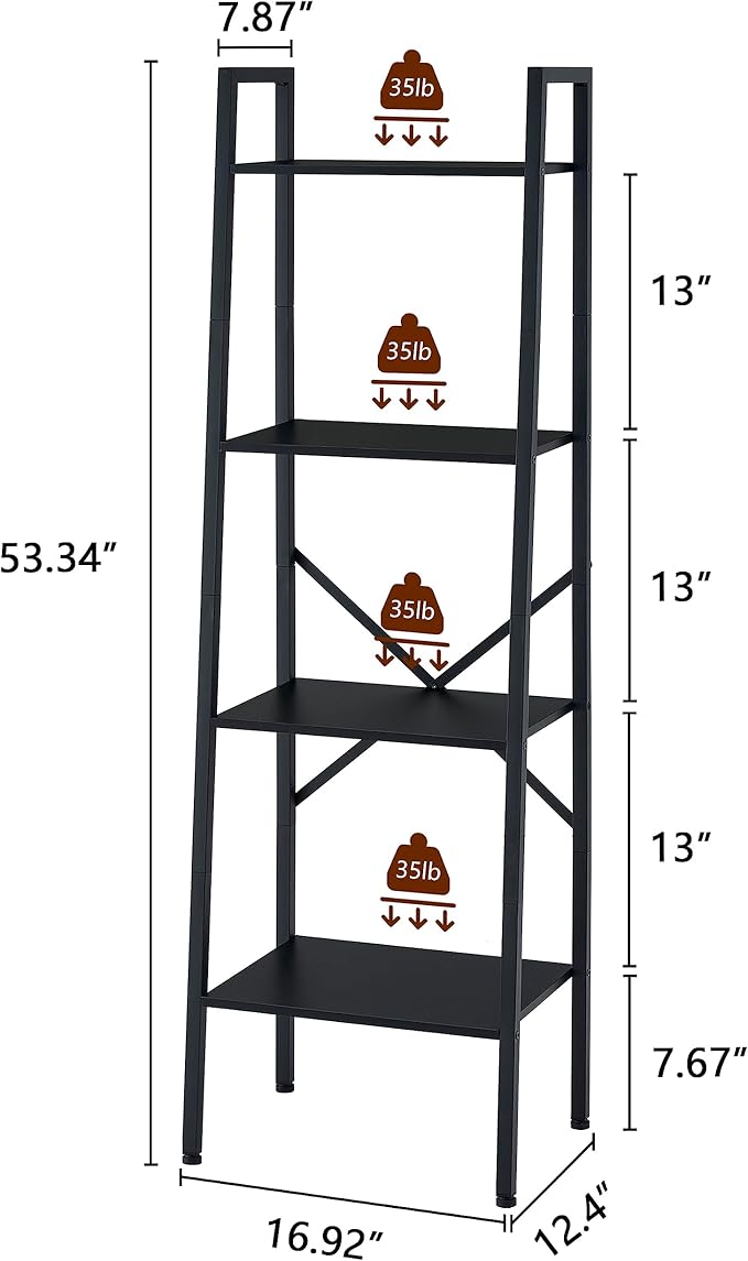 Hoctieon 4-Tier Industrial Ladder Bookshelf, Narrow Ladder Shelf, Tall Standing Bookshelf, Skinny Open Ladder Shelf, for Living Room, Home Office, Kitchen, Bedroom, Metal Frame, Black
