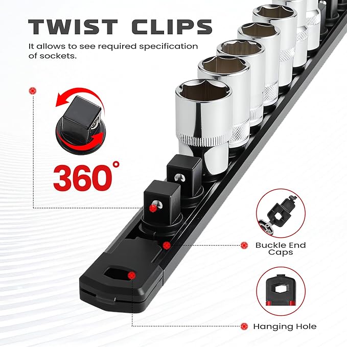 ALOANES 3-Piece Magnetic Socket Organizer, Heavy Duty Aluminum Rails, 360 Swivel Clips, 1/2, 3/8, 1/4-Inch Socket Holder x 40 Clips (Black)