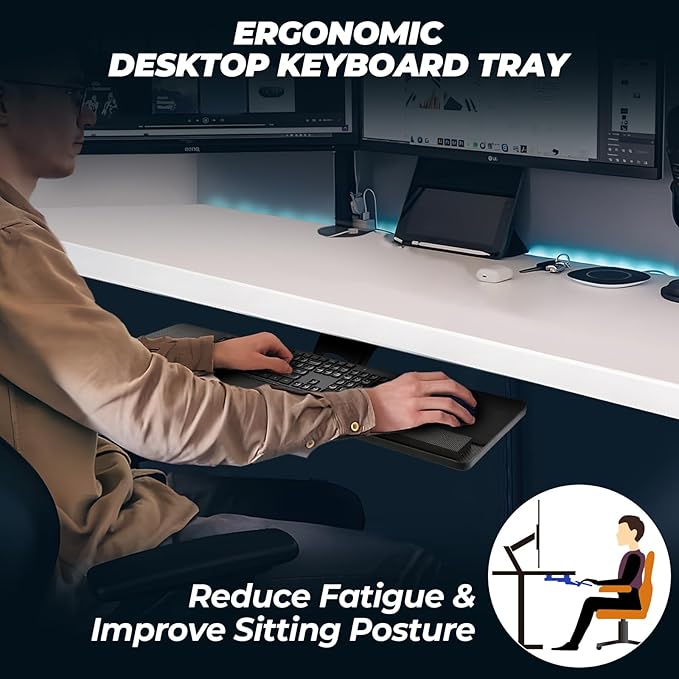 FAHKNS Keyboard Tray Under Desk，Multi-Function Keyboard Tray Adjustable with Mouse Pad & Wrist Rest，Ergonomic Large Size Keypad Tray Holder， Suitable for Office/Game/Home