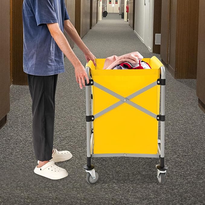 Commercial Laundry Cart with Wheels,Folding Laundry Hamper Cart,Heavy Duty Rolling Laundry Basket with Large Capacity,Laundry Sorter Trolley for Home Hotel Apartment (Yellow, 23.62 * 19.69 * 23.62in)