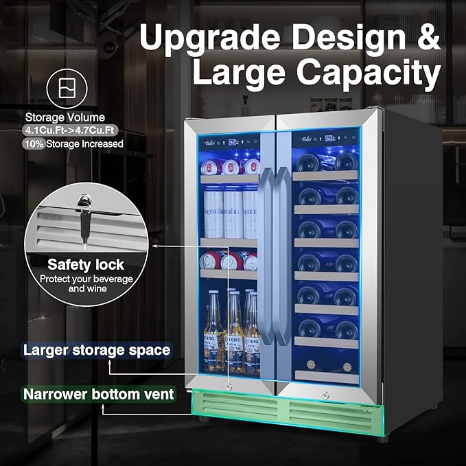 24-Inch Dual Zone Wine and Beverage Refrigerator with Glass Door & Lock- Freestanding/Under Counter Wine Cooler with Large Capacity Drink Fridge for Beer Soda, Fast Cooling