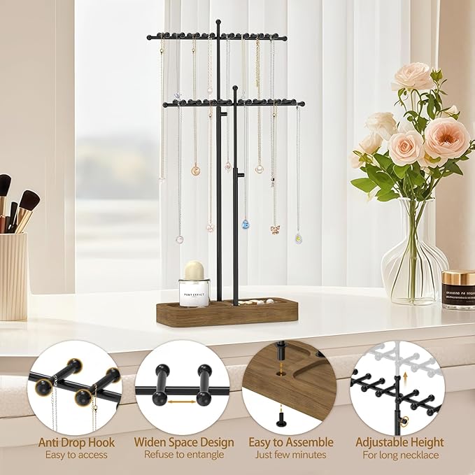 MODOWEY Necklace Holder Organizer Stand with 36 Hooks, Tall Display Tree Rack for Women Men Jewelry Storage, Adjustable 2 tier Metal Hanger Wood Tray for Vendor, Large Capacity for Dresser Small Space
