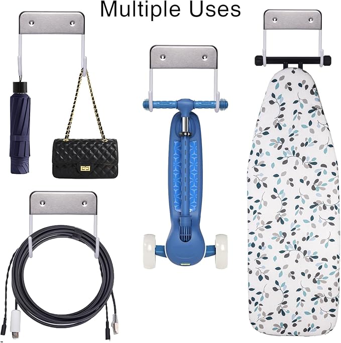 Ironing Board Hanger Wall Mount, Ironing Board Holder for Y or T Shaped,Stainless Steel Wall Hook Iron Board Holder for Laundry Rooms with 2 Hooks (White)