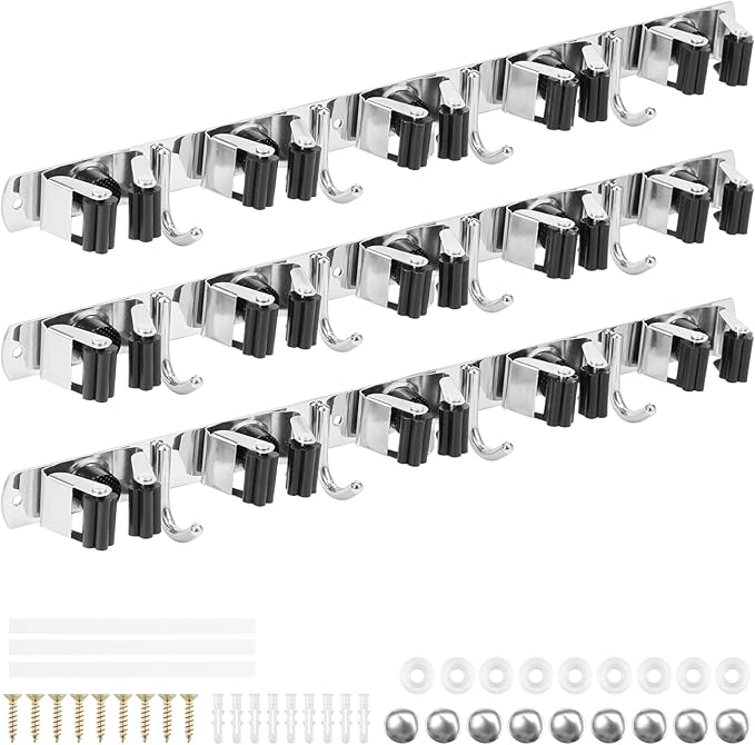 3 Pack Broom Holder Wall Mount 5 Racks 4 Hooks Stainless Steel Broom Mop Holder Anti Slip Storage Rack Strong Load Bearing Waterproof Broom and Mop Organizer Wall Hanging for Bathroom Kitchen Garage