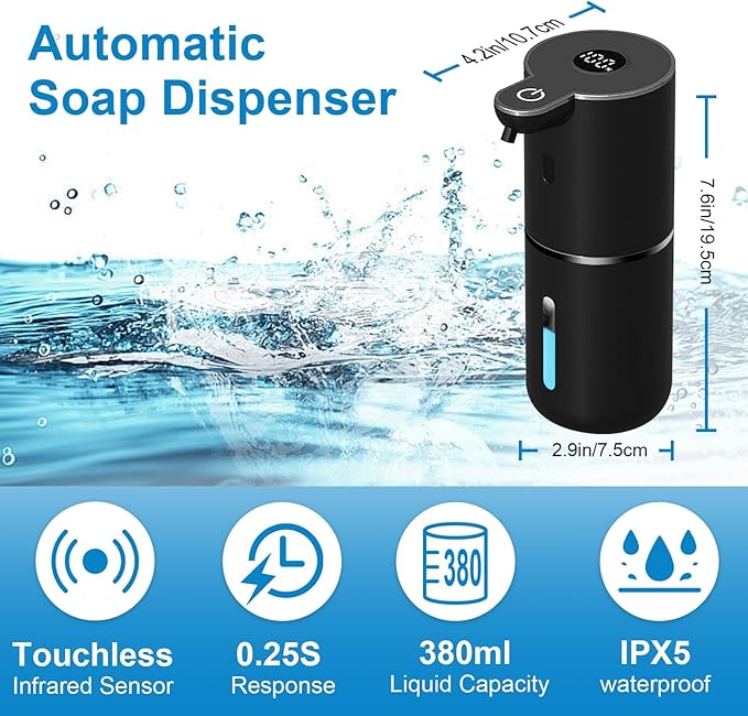 Automatic Liquid Soap Dispenser Touchless, USB Rechargeable Smart Hand Soap Dispenser, 6-Level Adjustable, 12.8oz/380mL, Compatible with Thick Thin Dish Soap for Bathroom Kitchen, Black