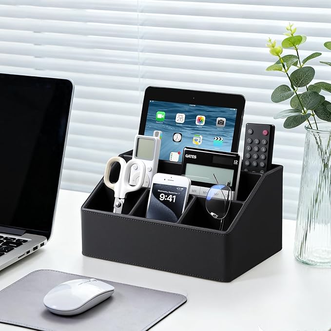 Remote Control Holder with 5 Compartments for Office Art Supplies, PU Leather Nightstand Organizer Pencil Pen Desk Caddy for Home, Desktop TV Remote Control Organizer Storage (Black)