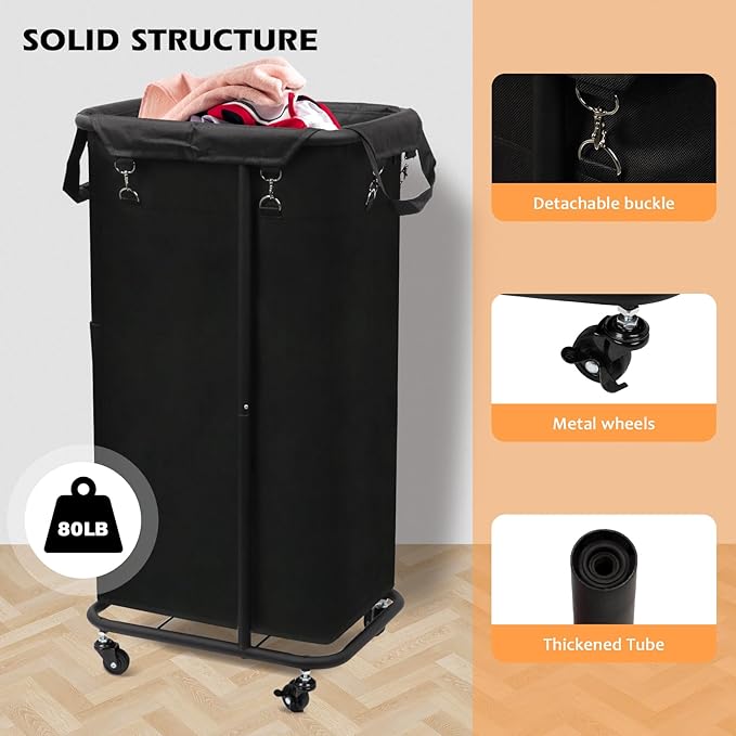 Longzhuo 47.55 Gal(180L) Rolling Laundry Basket With Wheels, Laundry Hamper With Wheels, Metal Wheeled Laundry Basket for Laundry, Hotel, Bedroom & Laundry Room Organization, Black