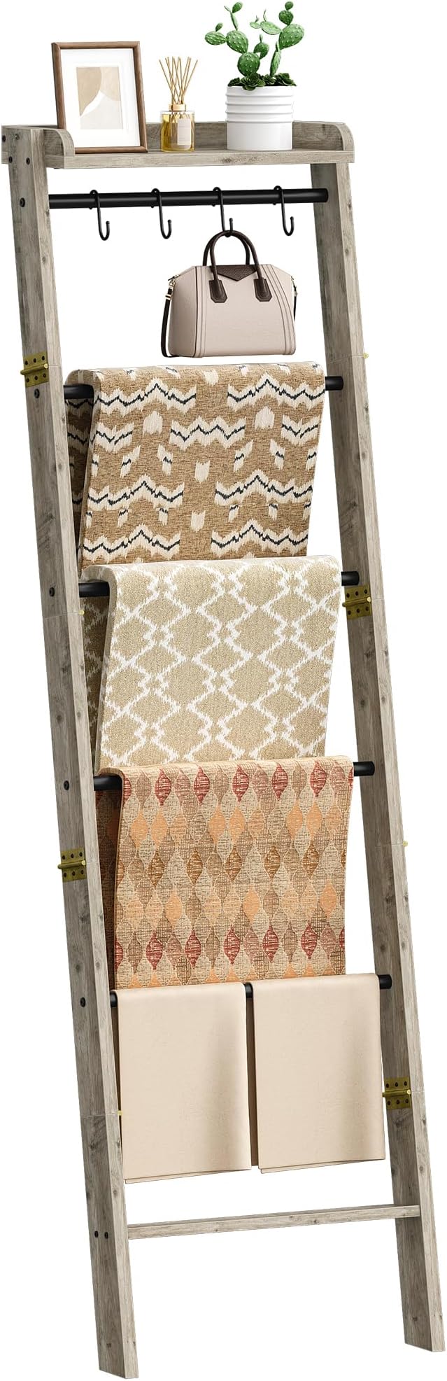 Blanket Ladder Shelf, Decorative Quilt Rack, 7-Tier Farmhouse Ladder Holder Organizer with 4 Removable Hooks, Greige BR36805B
