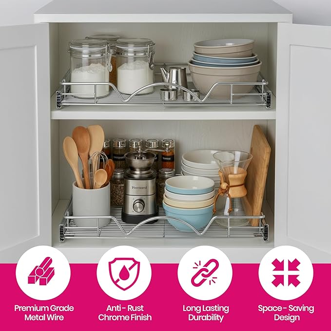 HOLDN’ STORAGE Pull Out Cabinet Organizer, Heavy Duty Caddy w/Lifetime Limited Warranty -24”W x 21”D - Requires At Least 25-1/4” Cabinet Opening, Steel Metal Cabinet Drawers Slide Out, Chrome