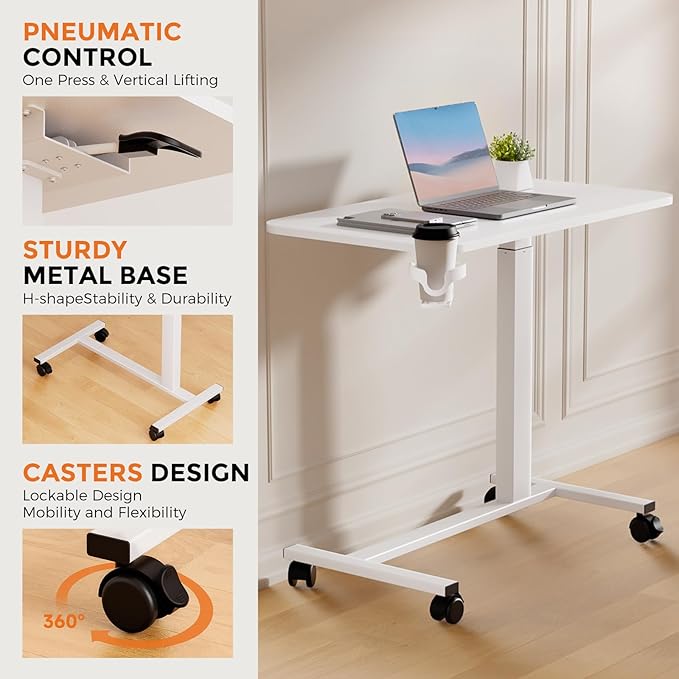 COMHOMA Adjustable Overbed Bedside Table with Lockable Wheels, Pneumatic Mobile Standing Laptop Desk, Small Standing Desk Portable Rolling Overbed Table Hospital Home Use(32" W x 18" D, White)