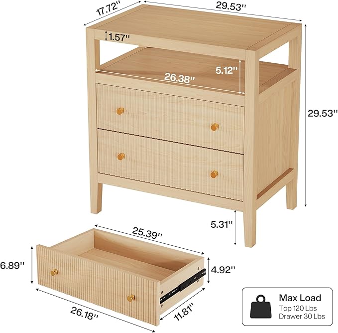 Tribesigns Modern Nightstand, 2-Drawer Nightstand with Open Storage Shelf, 29.52-Inch Wide Bedside Table Large Night Stand for Bedroom, Living Room, Oak (1)