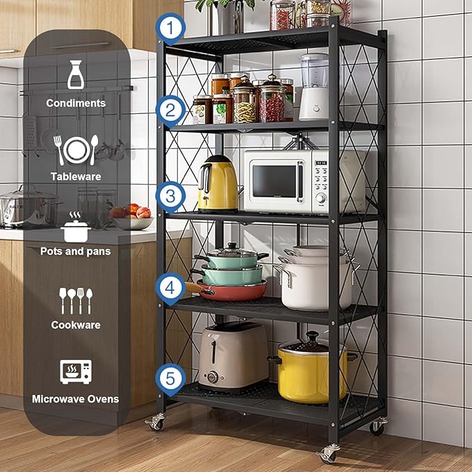 GlowSol 5 Tiers Folding Storage Shelves with Wheels-62.6" No Assembly Rolling Collapsible Shelves, Utility Metal Shelving Rack for Pantry,Kitchen and Garage,300kg Capacity