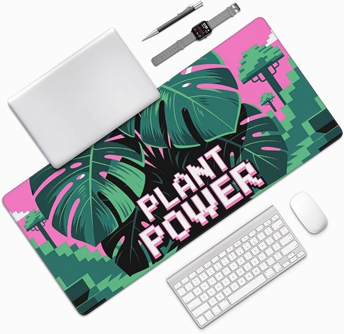 Pixel Plant Power Large Mouse Pad, Cool Gaming Desk Mat, XXL Keyboard Desk Pad Mat for Desktop, 35.4"x15.7" Non-Slip Base Big Mousepad with Stitched Edges