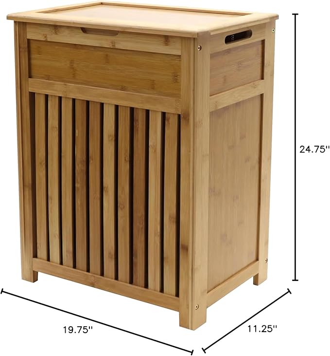 Redmon Bamboo Top Load Full Size Clothes Hamper, Side Handles, Double Hinged Lid and Decorative Stop