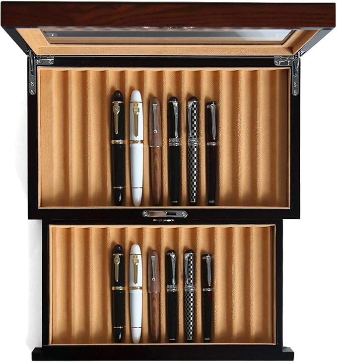 Wood Fountain Pen Case, 24 Slot Storage Organizer with Drawer, Glass Top Display Box for Collection